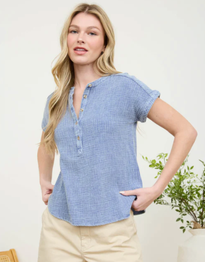 FINAL SALE Happy Hour Chambray Henley Top