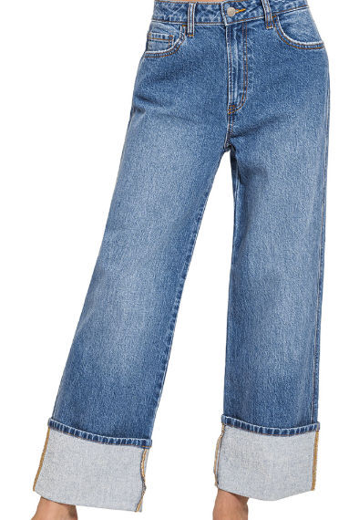 Medium Wash High Rise Cuffed Wide Leg Denim Pants