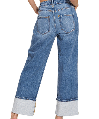 Medium Wash High Rise Cuffed Wide Leg Denim Pants