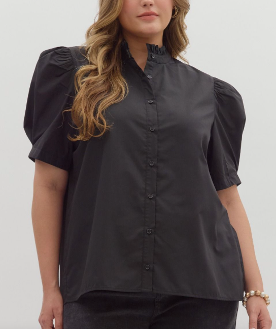 Black Classic Puff Sleeve Day Date Top in Curvy