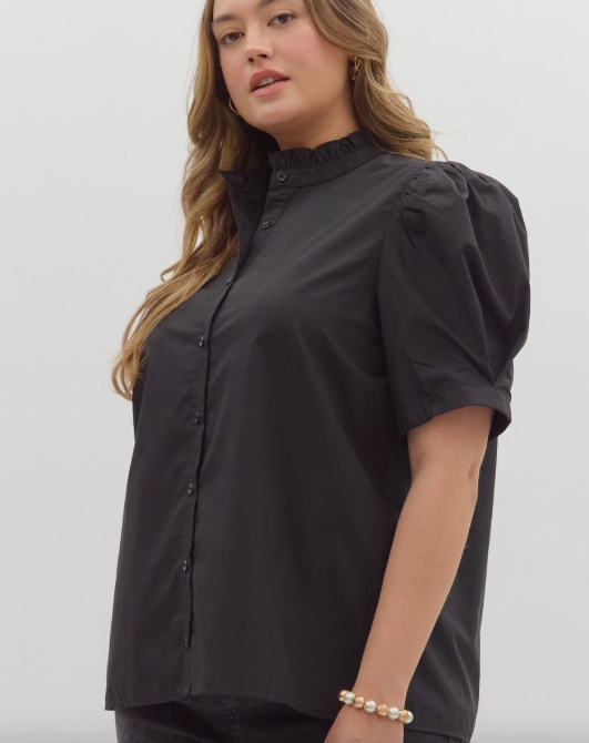 Black Classic Puff Sleeve Day Date Top in Curvy