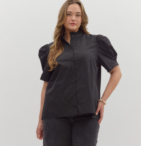 Black Classic Puff Sleeve Day Date Top in Curvy