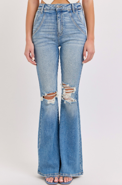 High Rise Super Flare Cello Denim Jeans with Front Scoops med wash