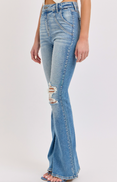 High Rise Super Flare Cello Denim Jeans with Front Scoops med wash