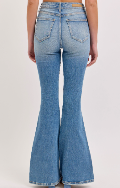 High Rise Super Flare Cello Denim Jeans with Front Scoops med wash