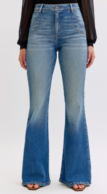 Cello High Rise Super Flare with DBL Front Scoops Dk Wash