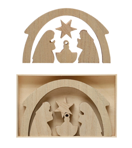 1-1/4"H - 4-1/2"H Wood Nativity, Natural, Boxed Set of 5