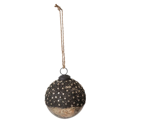 Mercury Glass Ball Ornament w/ Stars, Dipped Bronze & Silver Finish
