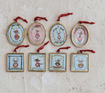 Glass & Metal Photo Frame Ornament w/ Velvet Ribbon