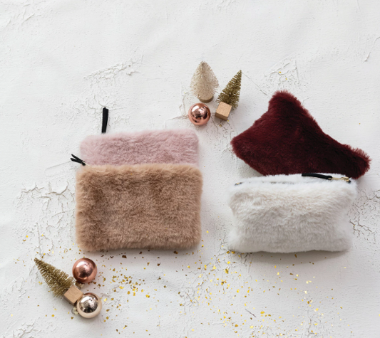 Faux Fur Fabric Zip Pouch with Interior Lining