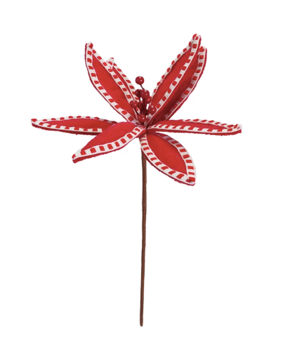 15"H Fabric Poinsettia Pick with Stitching, Red & Cream