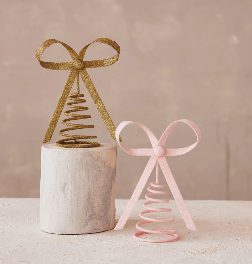 Metal Bow Tree Topper, Pink Glitter Finish