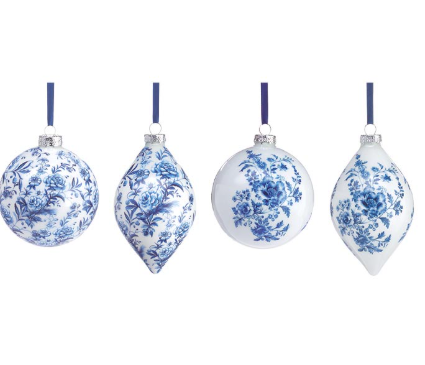 Hand Blown Blue Floral Ornament