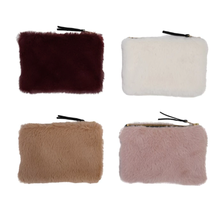 Faux Fur Fabric Zip Pouch With Interior Lining