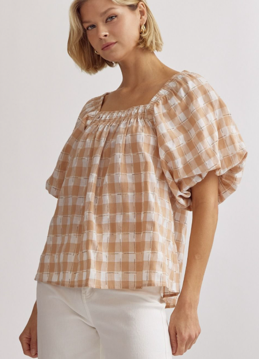 Taking On Tan Gingham Top