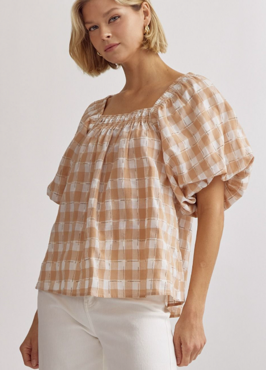 Taking On Tan Gingham Top