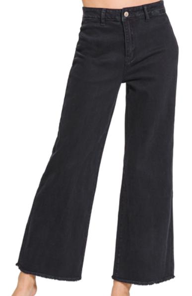 Ava Washed Frayed Hem Straight Wide Leg Denim