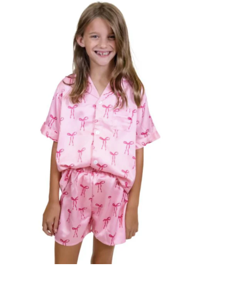 Girls Tied with a Bow Silky Satin Pajama Short Set