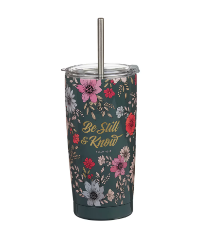 Be Still Teal Botanical Stainless Steel Tumbler With Reusable Straw - Psalm 46:10 - Shoppe3130