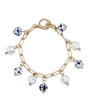 Blue and White Chinoiserie Floral and Pearl Bracelet - Shoppe3130