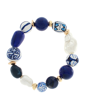 Stretch Blue and White Chinoiserie Floral and Pearl Bracelet - Shoppe3130