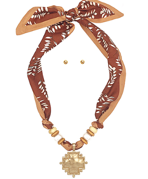 Brown Hammered Cross Pendant Scarf Necklace - Shoppe3130