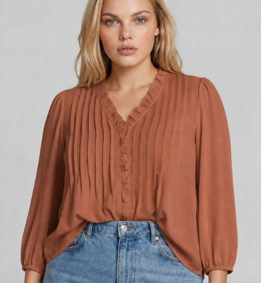Terracotta Dream Ruffle Shirt Top in Curvy