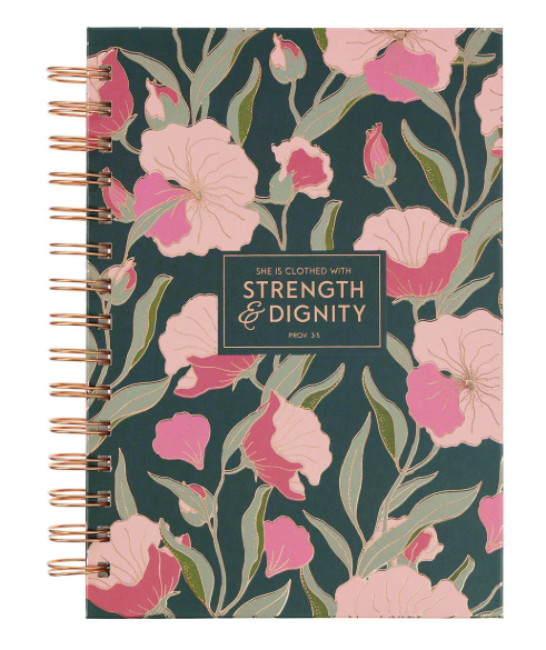 Strength and Dignity Deep Teal Floral Spiral Journal - Proverbs 31:25
