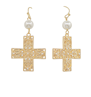 Gold Mercy Pearl Cross Drop Earrings