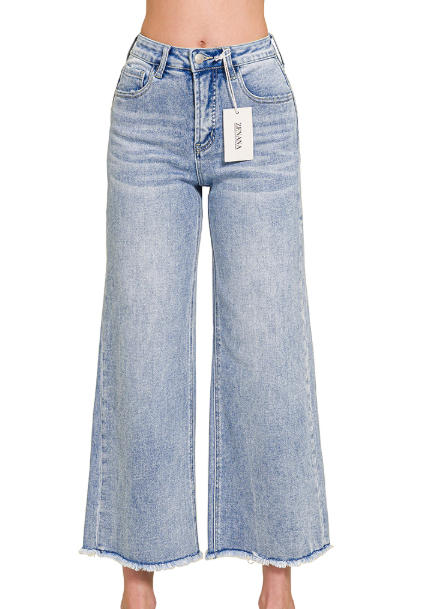 High Waist Wide Leg Cropped Frayed Denim Jeans