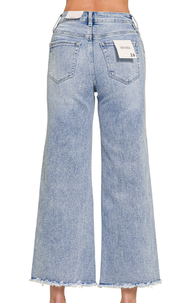 High Waist Wide Leg Cropped Frayed Denim Jeans