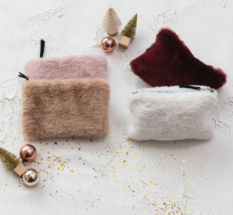 Faux Fur Fabric Zip Pouch With Interior Lining