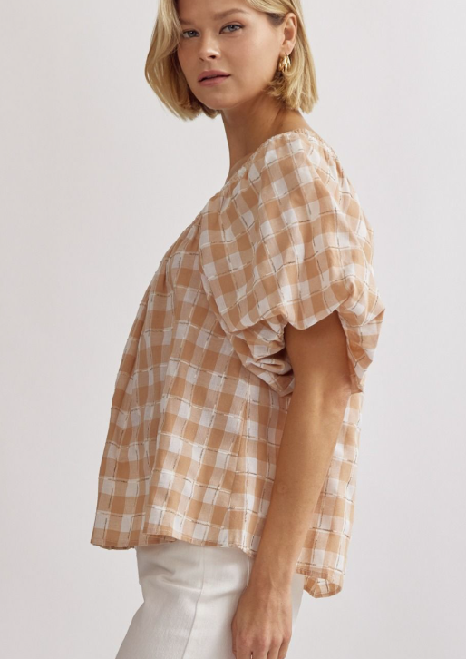 Taking On Tan Gingham Top