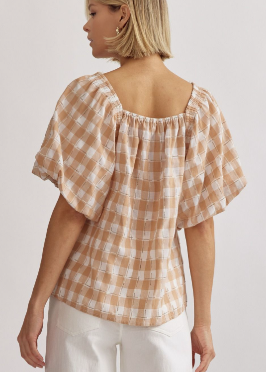 Taking On Tan Gingham Top