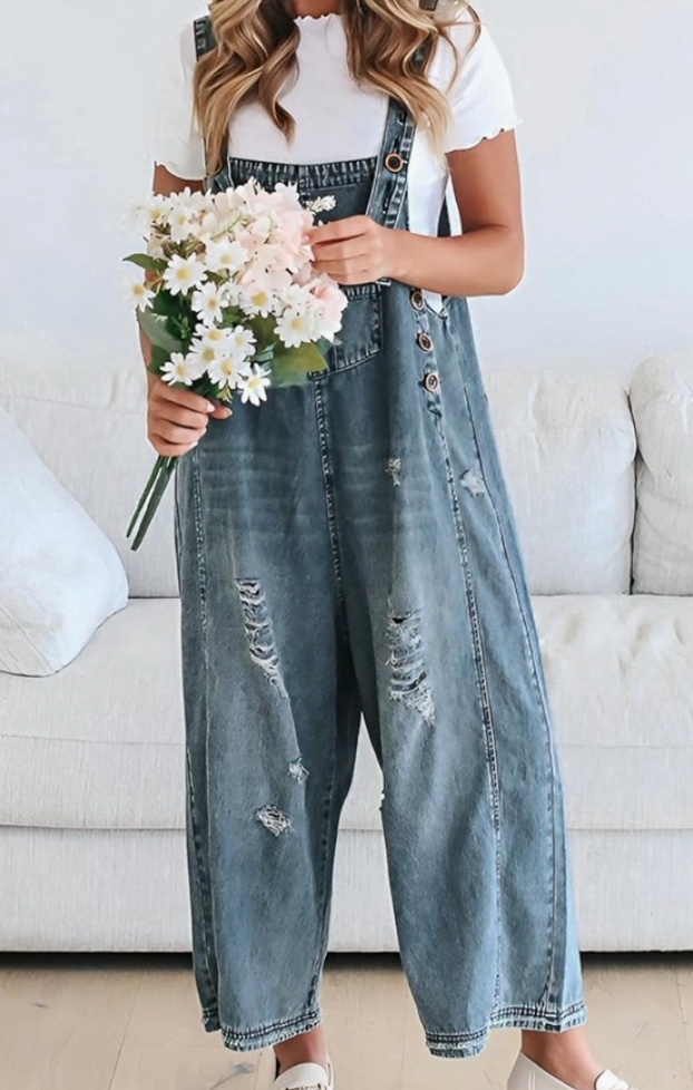 Sandy Around Town Distressed Denim Jumpsuit Overalls - Shoppe3130