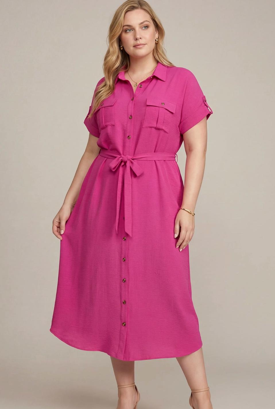 Pink Emiliee Button Up Dress in Curvy - Shoppe3130