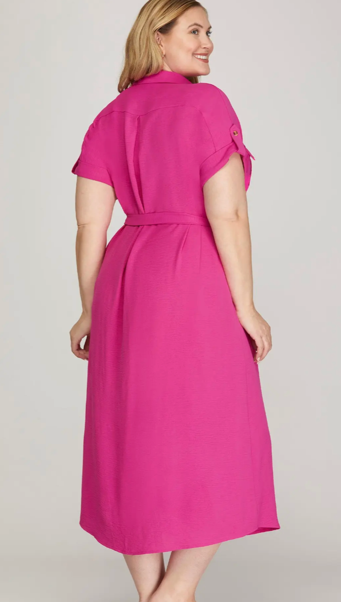 Pink Emiliee Button Up Dress in Curvy - Shoppe3130