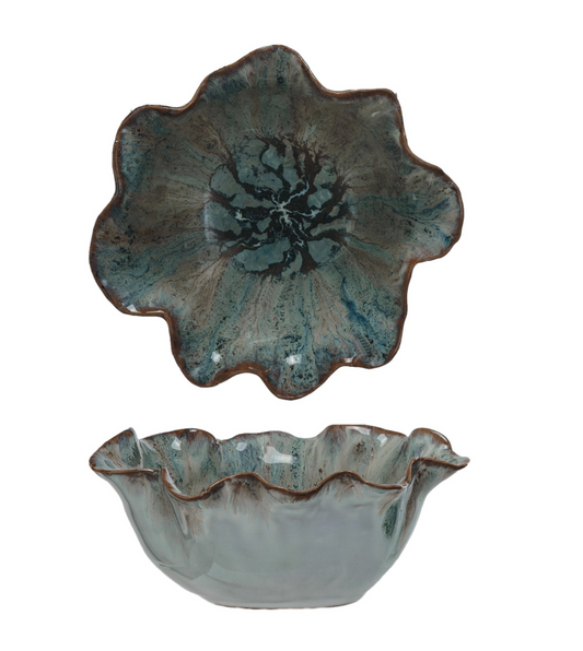 Stoneware Ruffled Bowl, Reactive Glaze