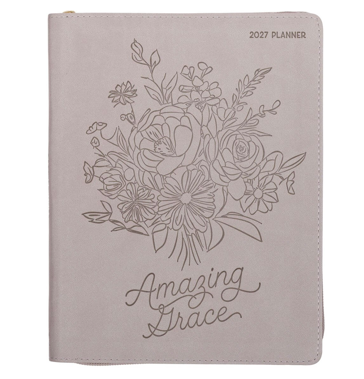 2027 Amazing Grace Large Zippered Taupe Faux Leather 18-Month Planner for Women