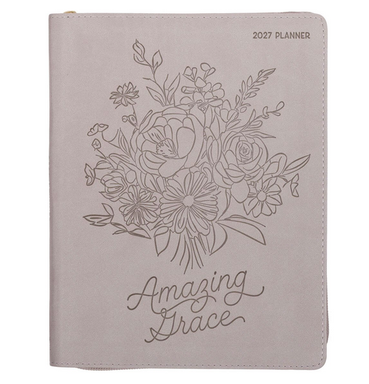2027 Amazing Grace Large Zippered Taupe Faux Leather 18-Month Planner for Women