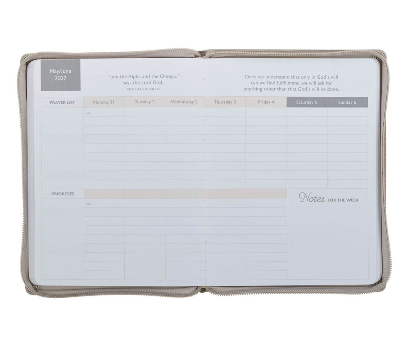 2027 Amazing Grace Large Zippered Taupe Faux Leather 18-Month Planner for Women