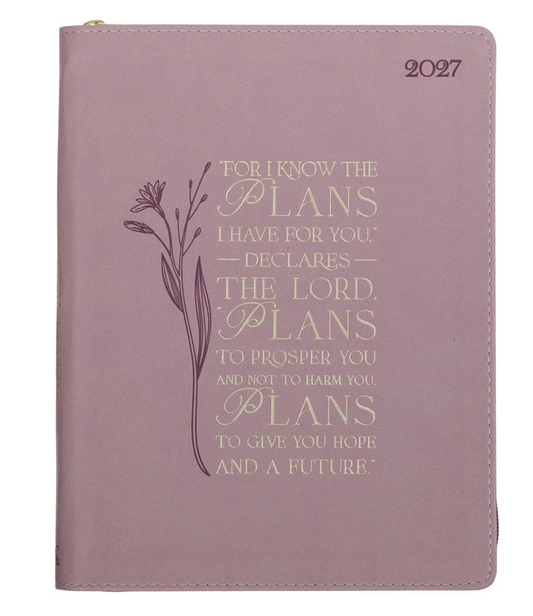 2027 Plans Large Zippered Dusty Mauve Faux Leather 18-Month Planner for Women - Jeremiah 29:11