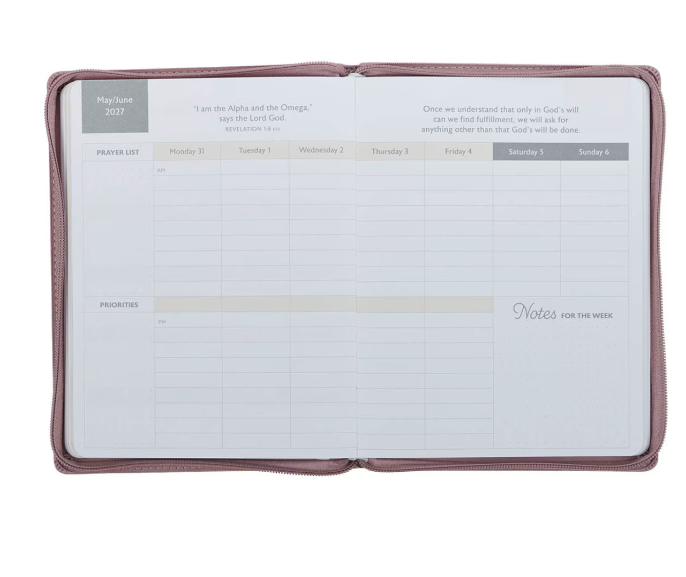 2027 Plans Large Zippered Dusty Mauve Faux Leather 18-Month Planner for Women - Jeremiah 29:11