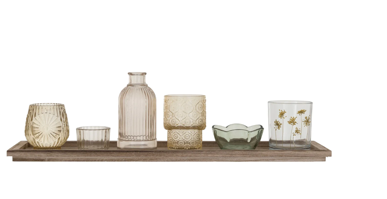 Wood Tray w/ Embossed Glass Tealight/Votive Holders w/ Vase
