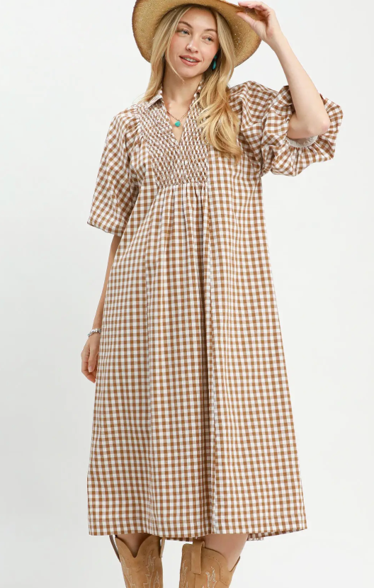 Brown Gingham Midi Dress in Curvy