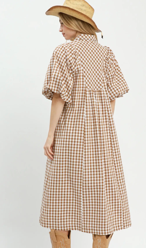 Brown Gingham Midi Dress in Curvy