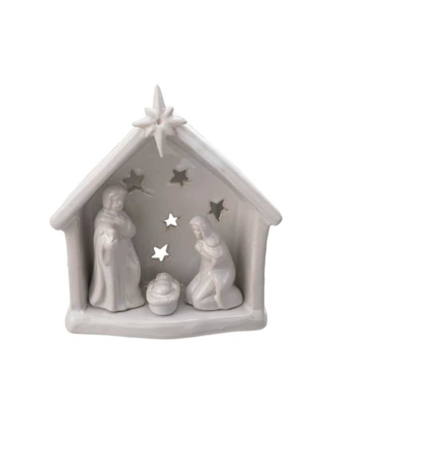 Stable Stoneware Holy Family Tealight Holder with Star Cut-Outs