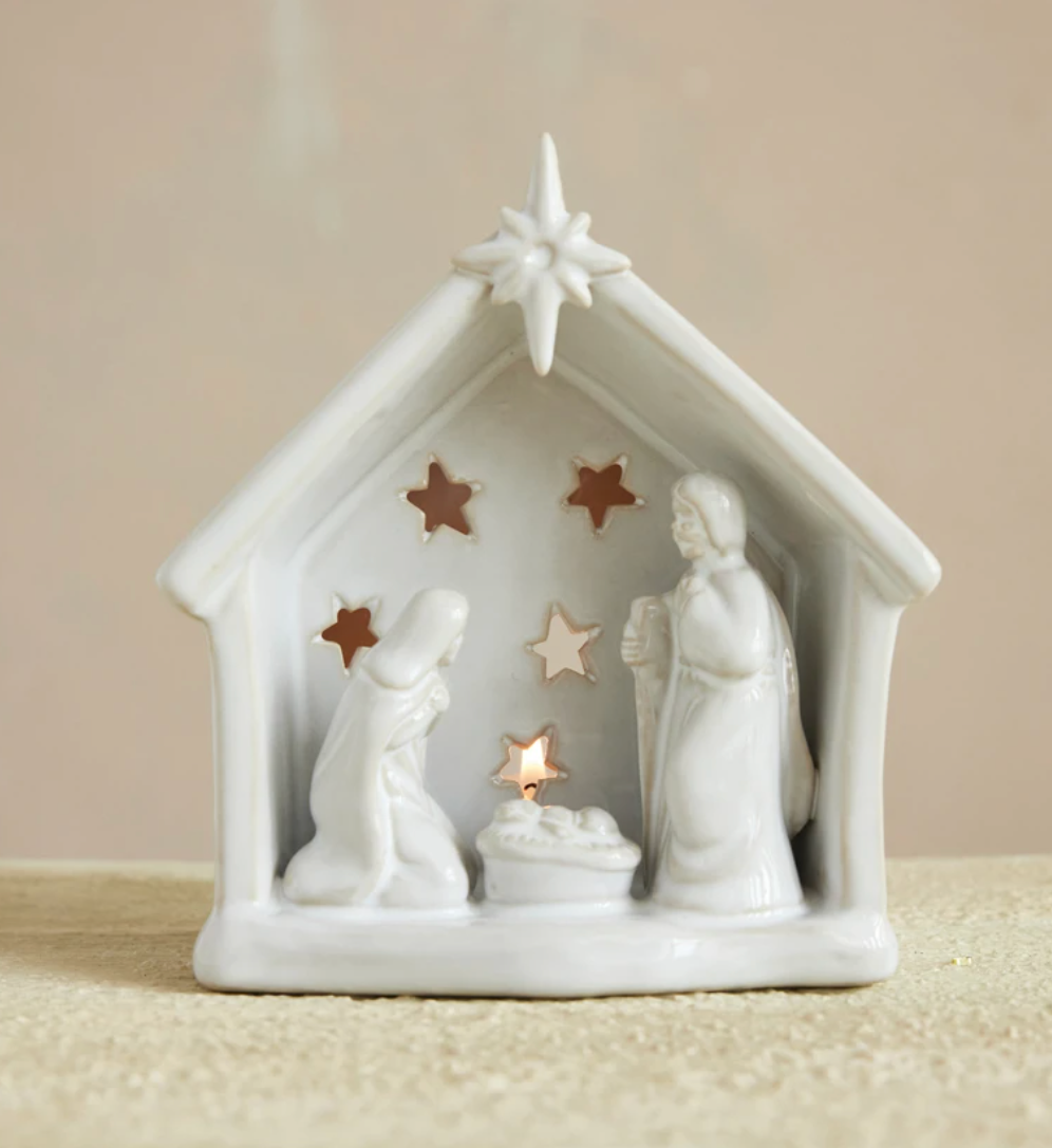 Stable Stoneware Holy Family Tealight Holder with Star Cut-Outs