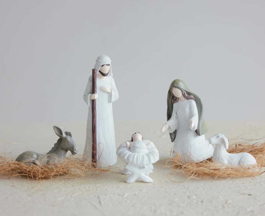 Resin Holy Family Nativity with Donkey & Sheep, White & Brown, Set of 5