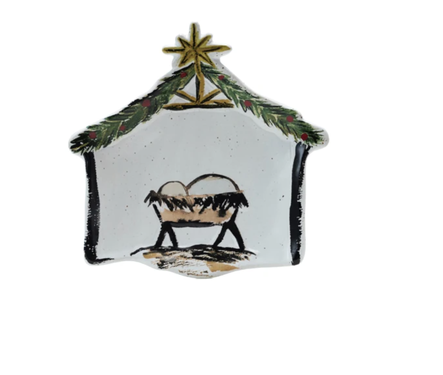 6"L Stoneware Baby Jesus in a Manger Shaped Dish, Multi Color